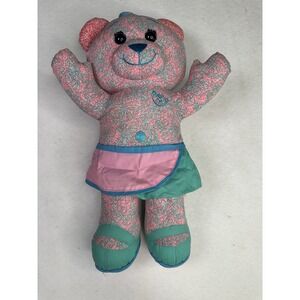 Doodle Bear Plush Toy Pink‎ Teal Floral Pattern Dress Button Accent